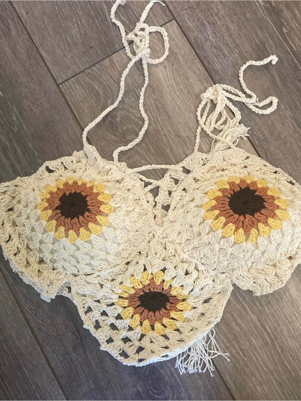 Crochet Sunflower Lace Bralette Top - Cream & Yellow